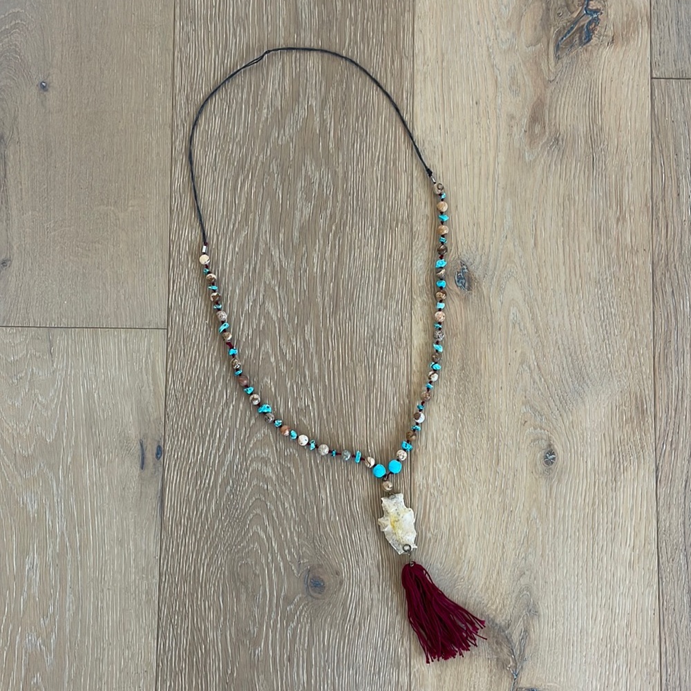 Turquoise Arrow Head Necklace with Maroon Fringe